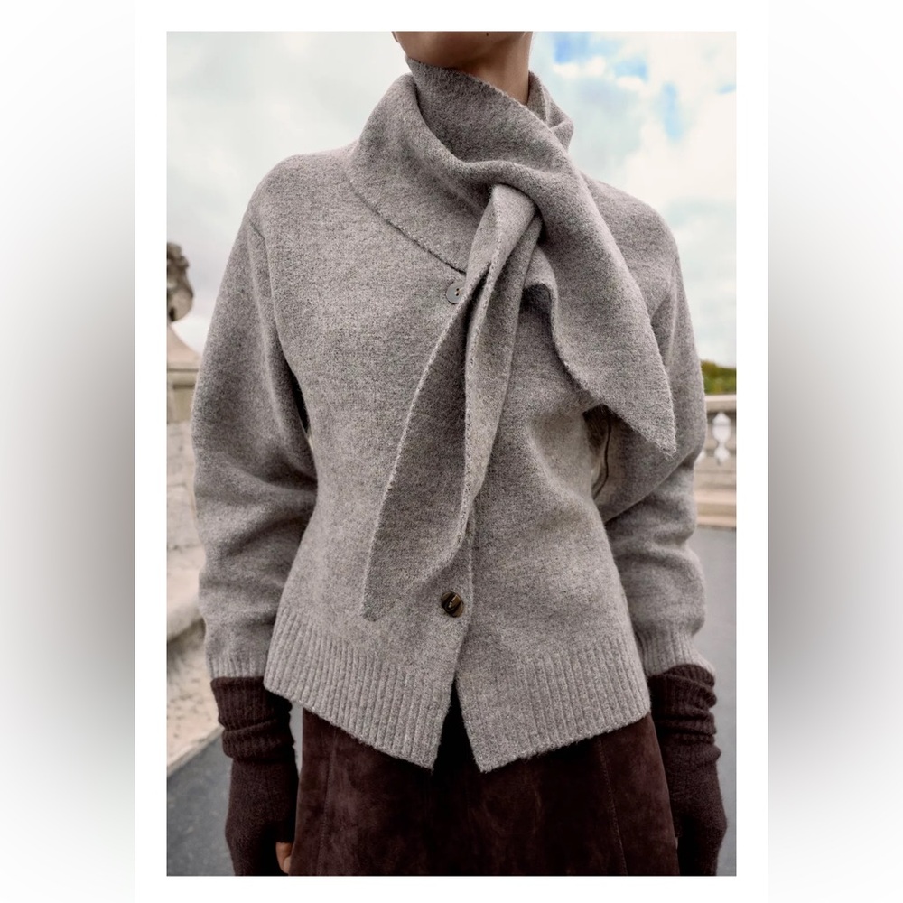 Zara Gray Scarf Knit Cardigan - Picture 2 of 8